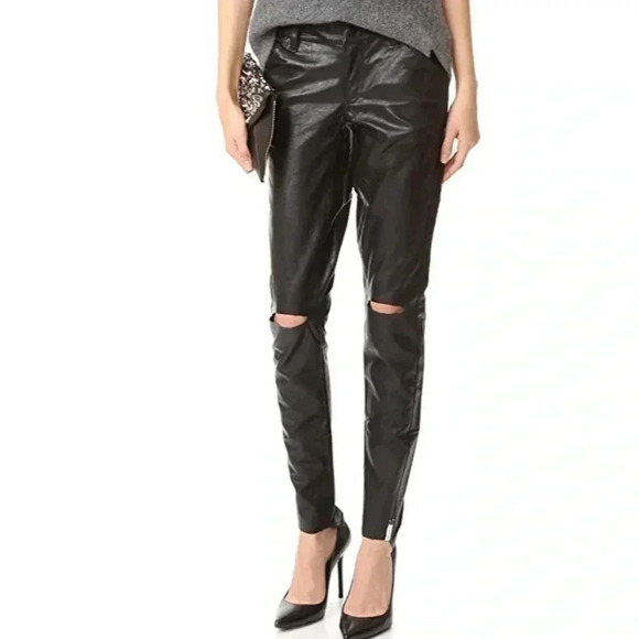 One Teaspoon Faux Leather Pants Leggings Black Skinny Straight Leg slit knee XS - Picture 3 of 16
